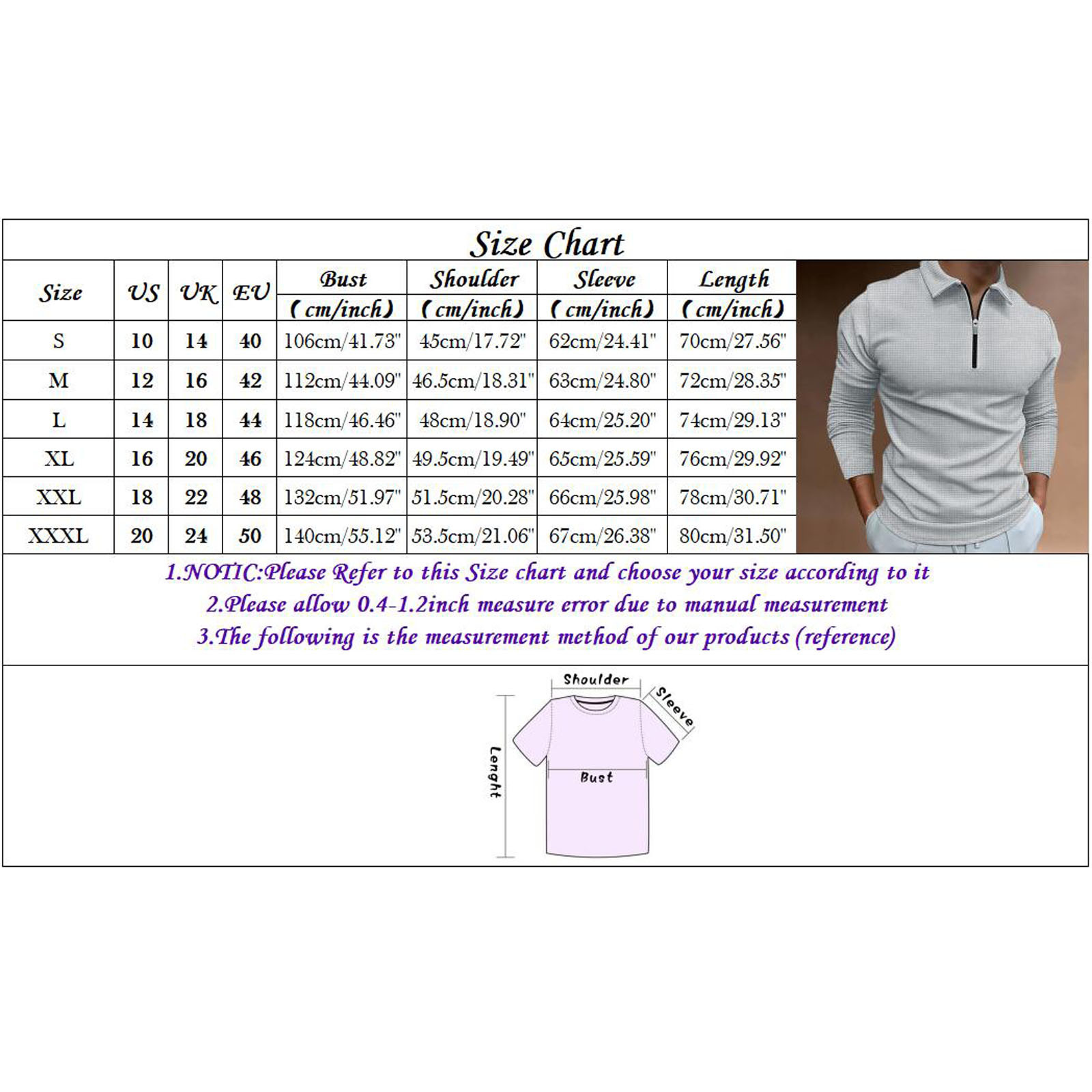 thumbnail image 3 of Camisa informal de manga larga para hombre: cuello vuelto, detalle de cremallera, color liso, poliéster, oficina/ocio, tallas 10-20 (EE. UU.), 3 of 7